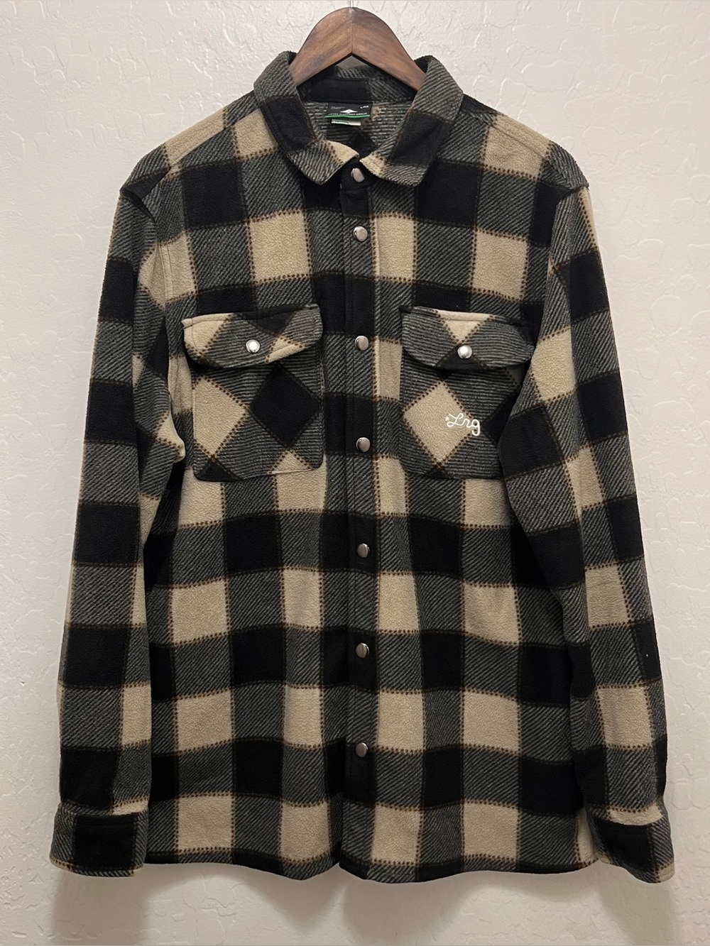 LRG Black Tan Buffalo Plaid Fleece Shacket Button Up Shirt Jacket Mens Size XL